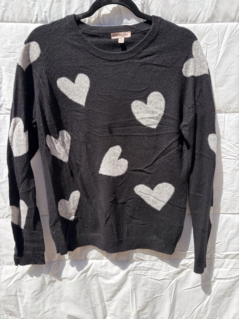 Philosophy Black Crewneck Sweater with White Heart Print